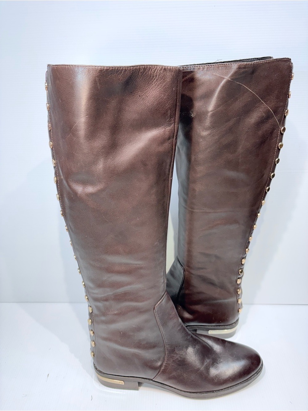VINCE CAMUTO Parshel Tall Dark Brown Leather Over-the-Knee Boots with Side Studs